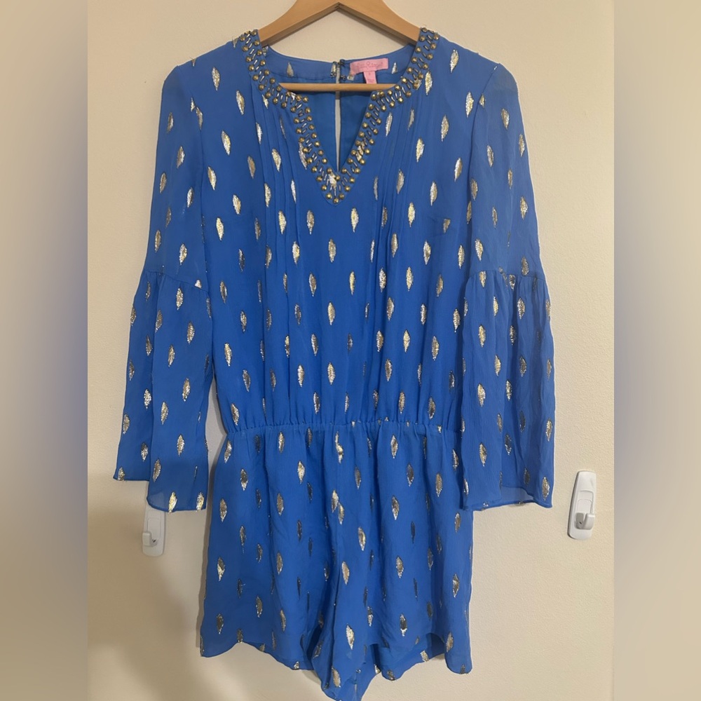 Lilly Pulitzer Ariele Bennet blue silk romper gold embroidery beaded collar sz S